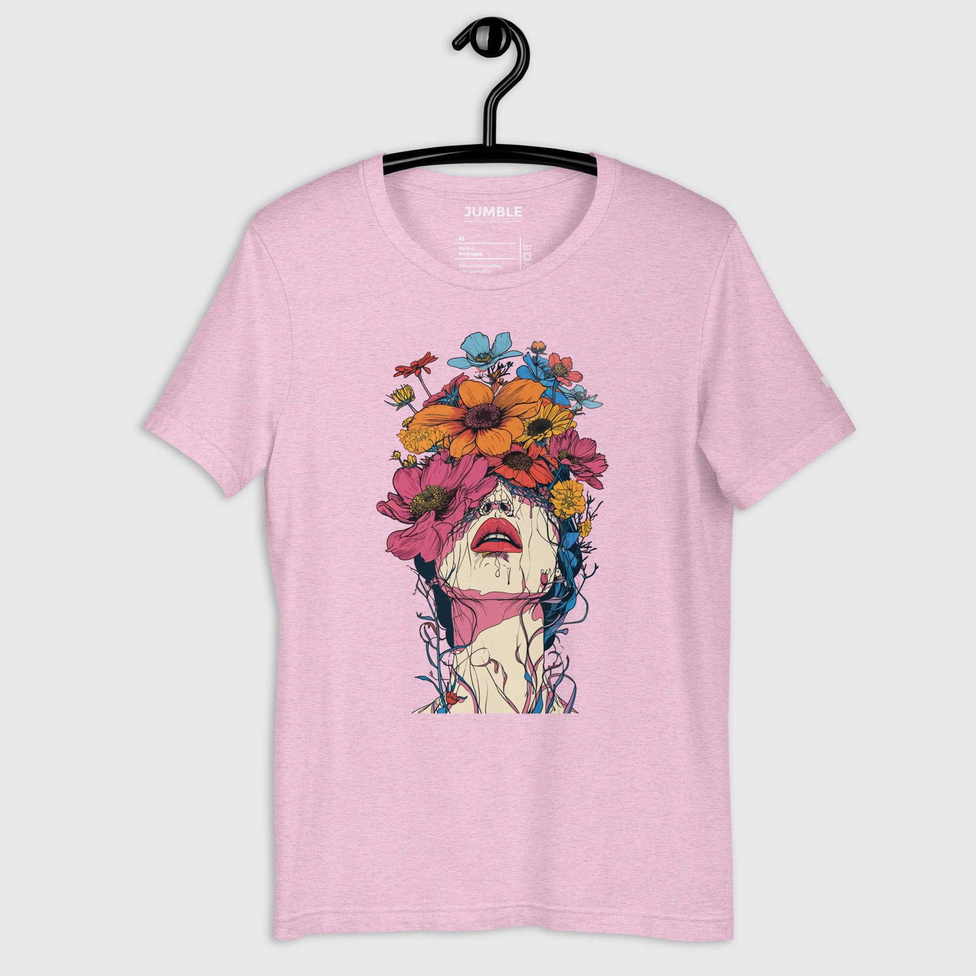 heather prism lilac Creeping Beauty Unisex t-shirt displayed on a hanger