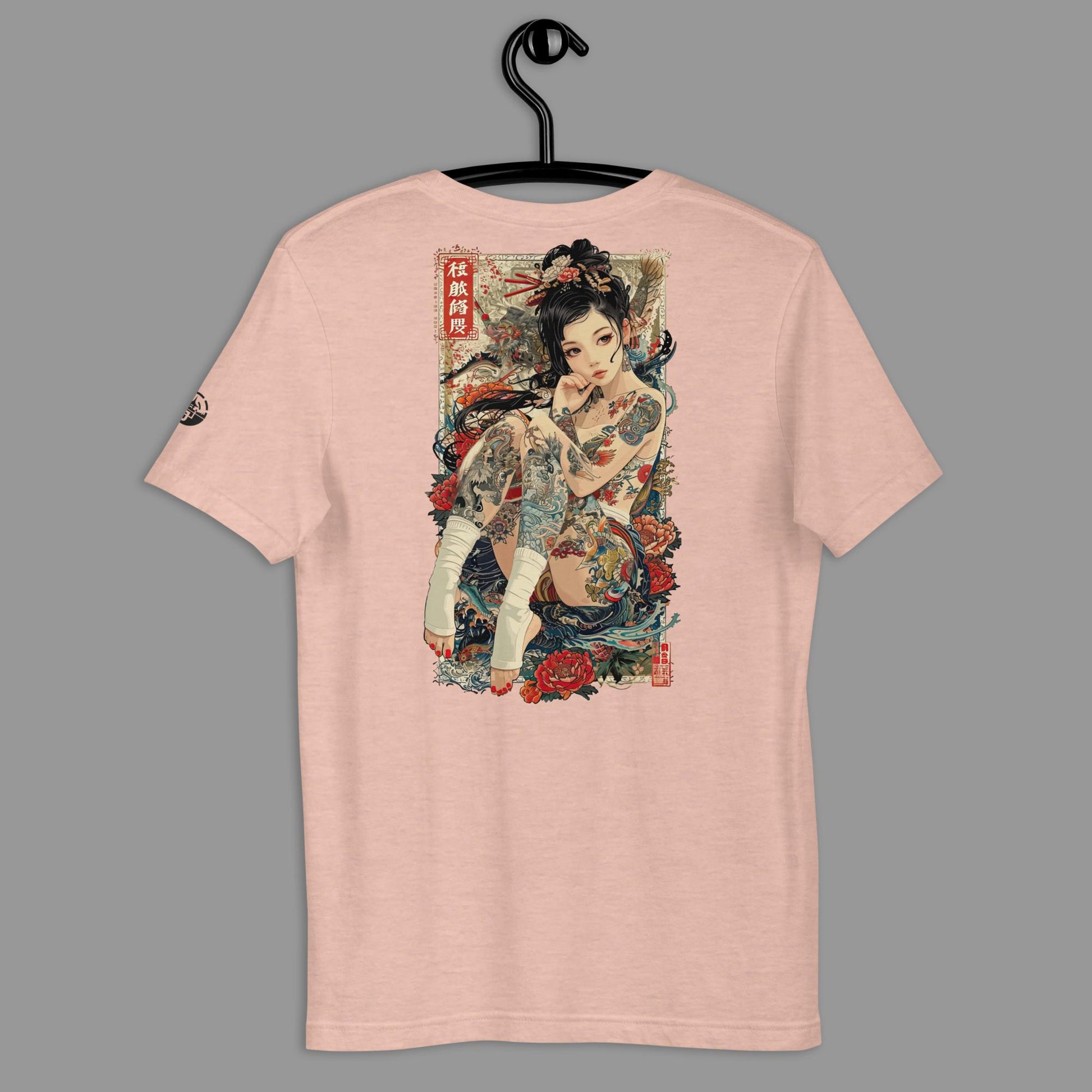 heather prism pink Irezumi Unisex T-Shirt (back print) on a hanger