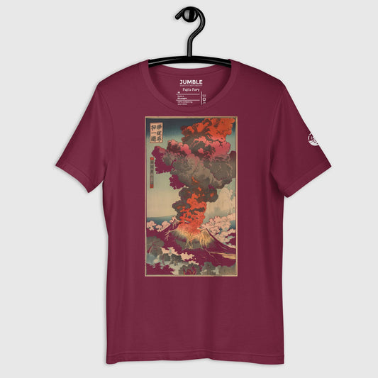 maroon Fuji's Fury Unisex t-shirt on a hanger