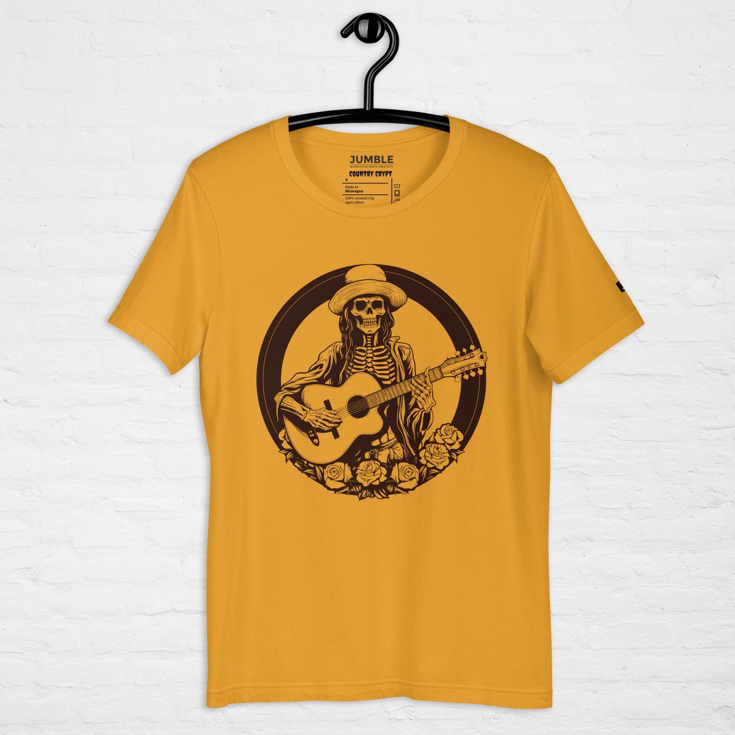 mustard Country Crypt Unisex t-shirt displayed on a hanger