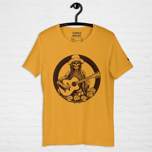 mustard Country Crypt Unisex t-shirt displayed on a hanger