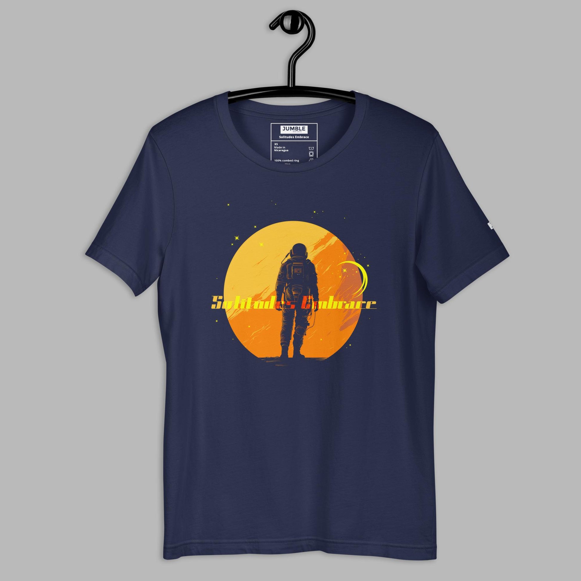 Solitudes Embrace Unisex t-shirt- in navy- on hanger