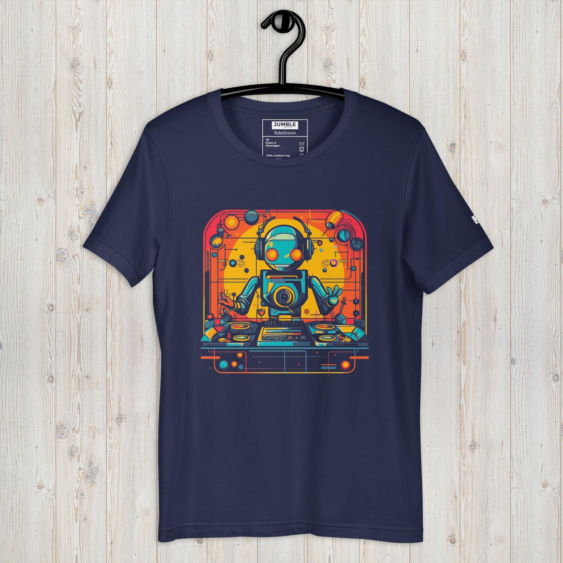 RoboGroove Unisex t-shirt in navy displayed on a hanger