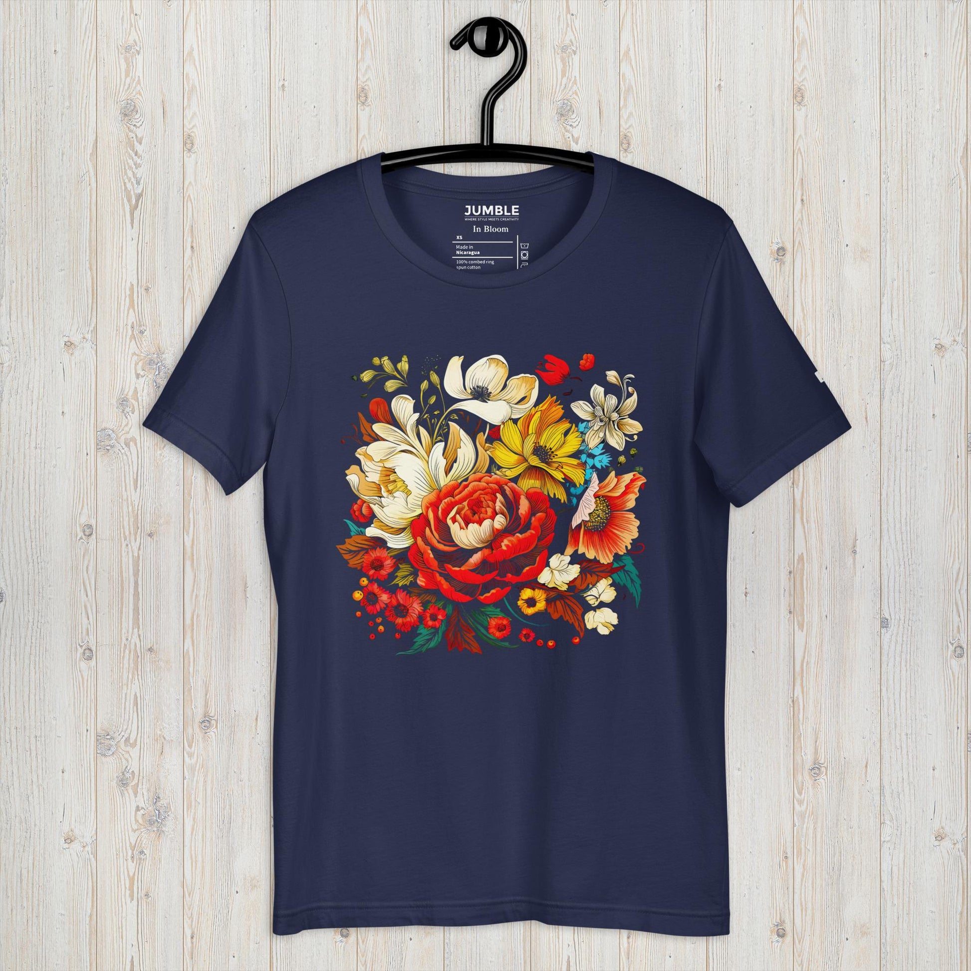 In Bloom Unisex T-Shirt - Navy Color - On Hanger