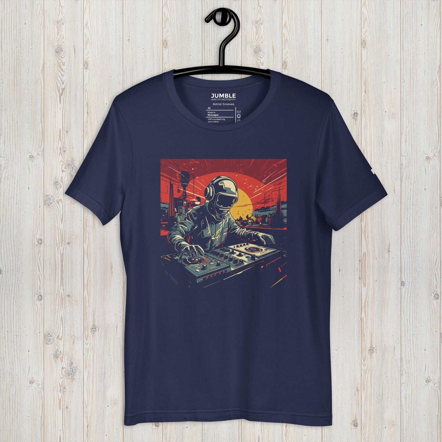 Astral Grooves Unisex t-shirt on hanger, in  navy