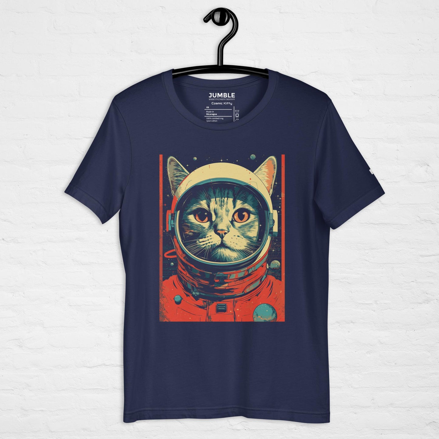 navy Cosmic Kitty Unisex t-shirt displayed on a hanger