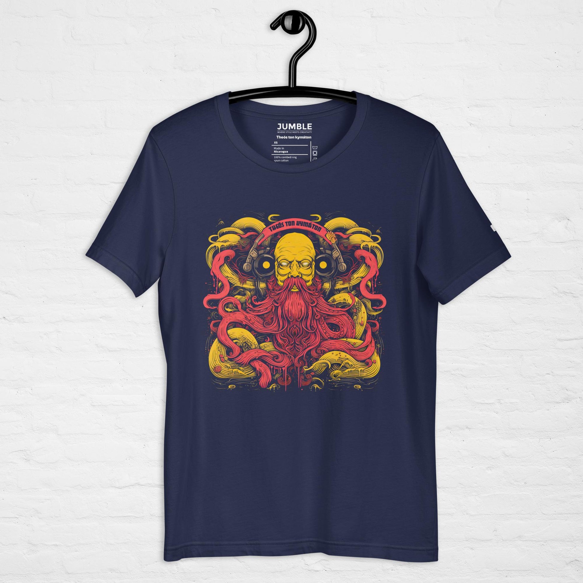 navy God of Waves Unisex t-shirt on a hanger