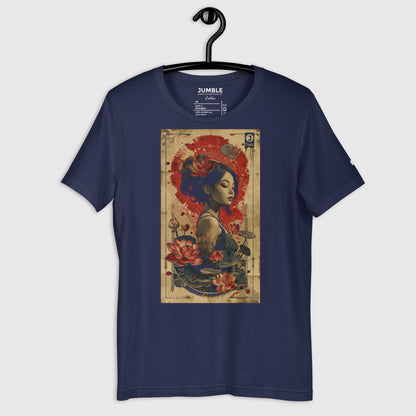 navy Lotus Unisex t-shirt displayed on a hanger