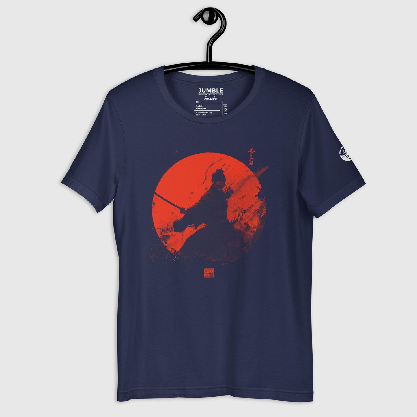 navy Jinsoku Unisex t-shirt on a hanger