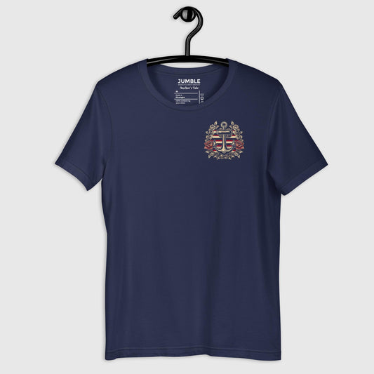 Navy Anchor's Tale Unisex t-shirt on a hanger