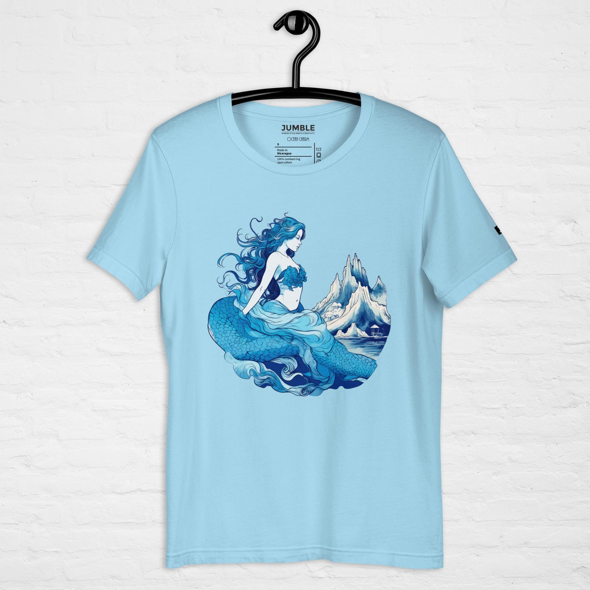 ocean blue Ocean Charm Unisex t-shirt displayed on a hanger