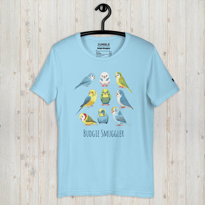 ocean blue Budgie Smuggler Unisex t-shirt displayed on a  hanger