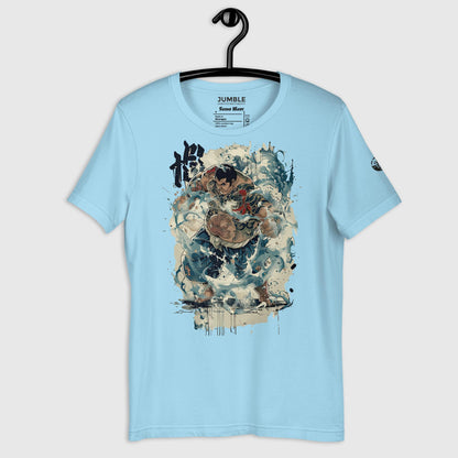 Sumo Wave Unisex t-shirt in ocean blue on a hanger 