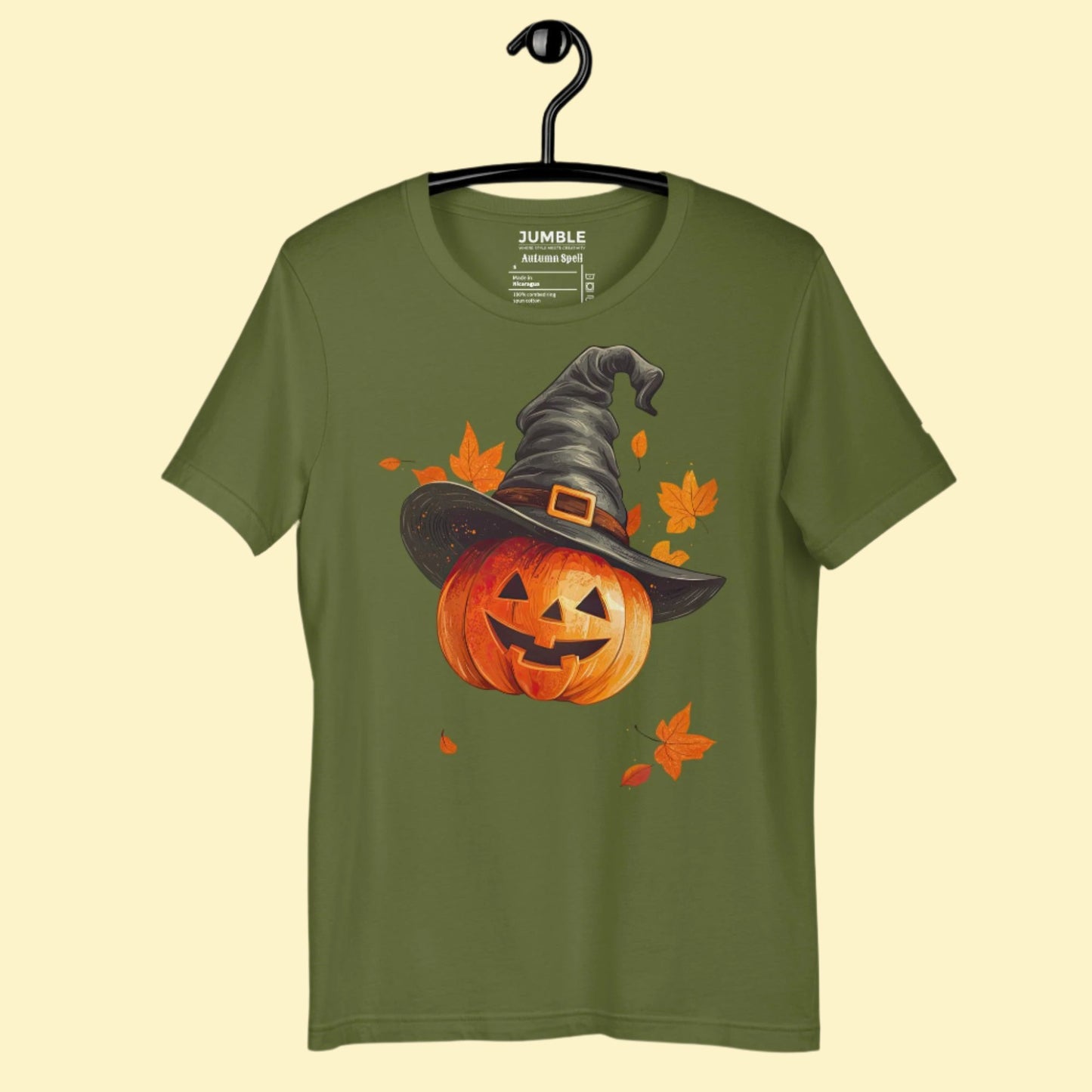 olive Autumn Spell Unisex t-shirt on a hanger