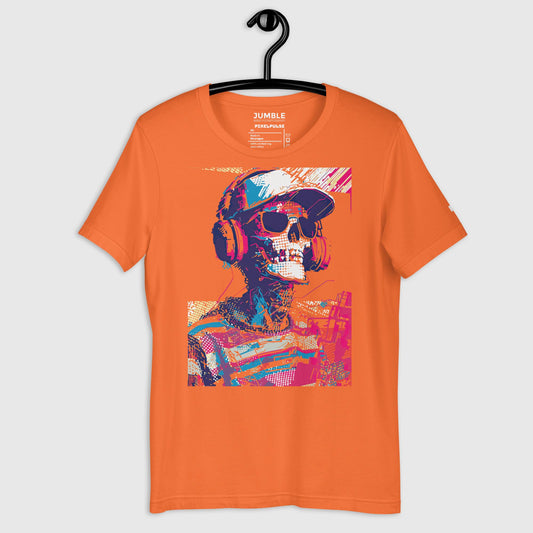 orange PixelPulse Unisex t-shirt on hanger