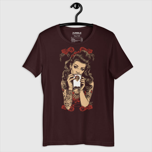 Dairy Doll Unisex t-shirt in oxblood black on a hanger