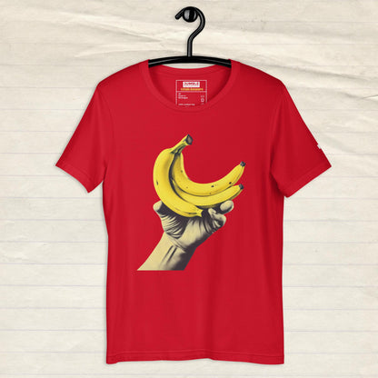 Unisex "Estado Banenero" T-Shirt in Red Black Heather - Hanging on a hanger.