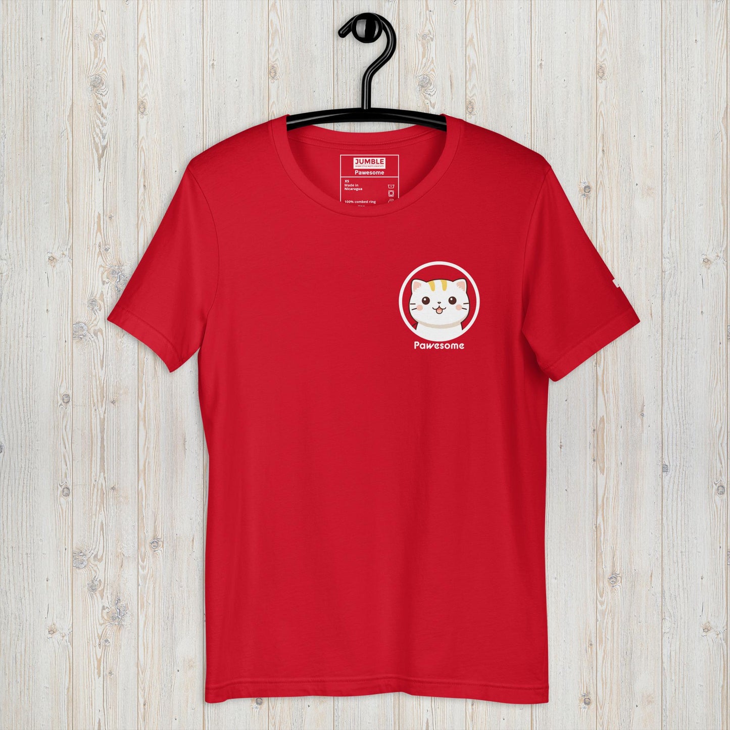Pawesome Unisex t-shirt in red on hanger