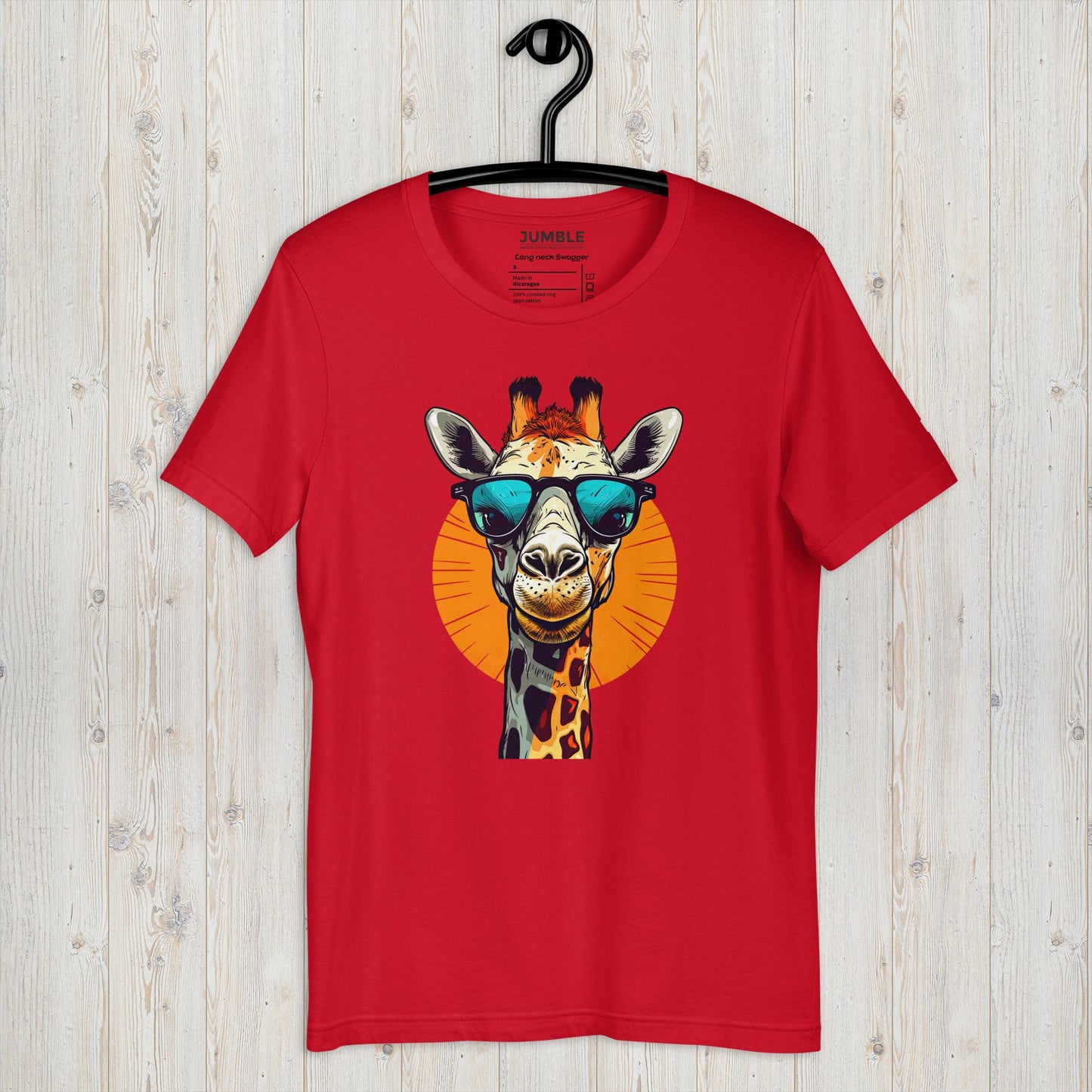 red Long Neck Swagger Unisex t-shirt on a hanger