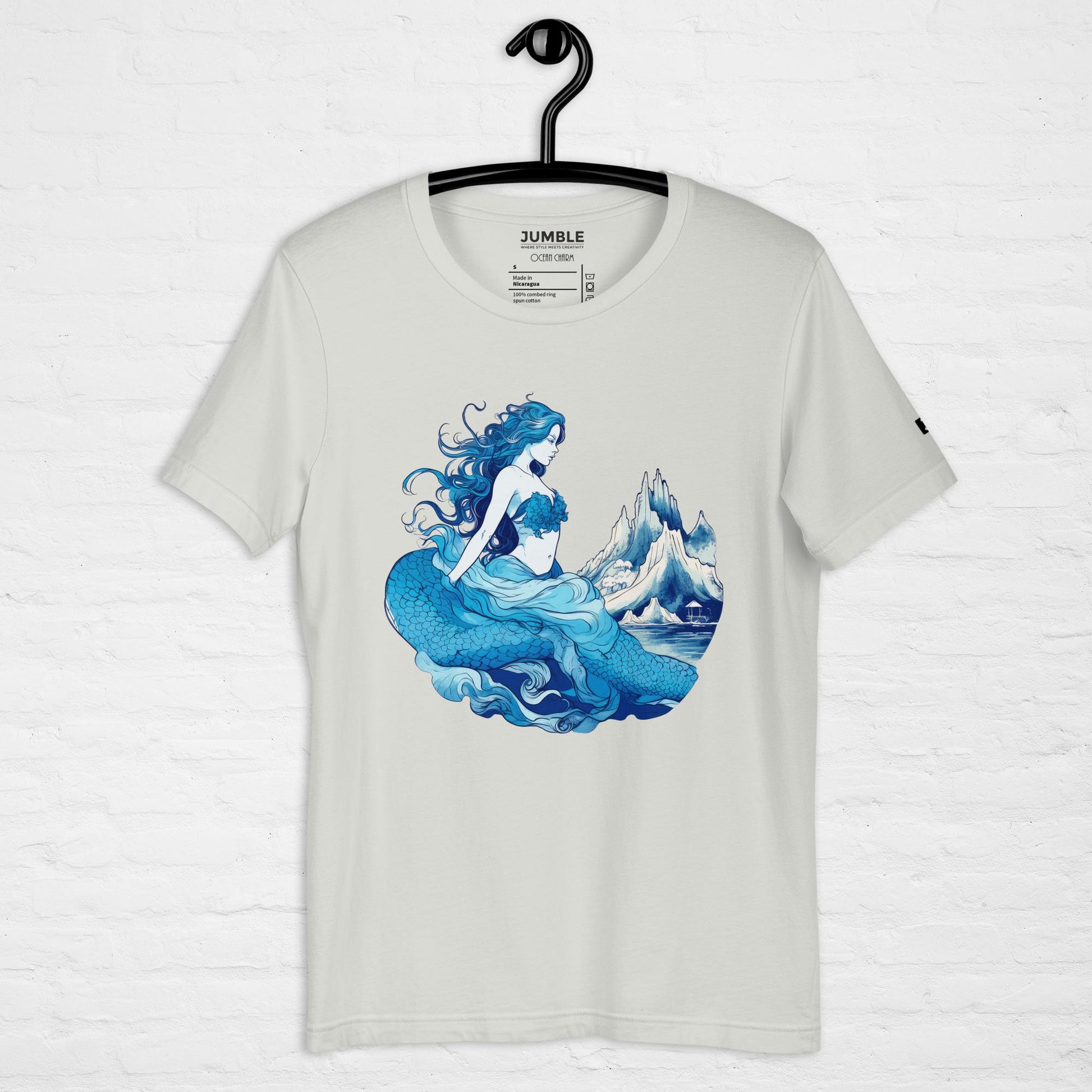 silver Ocean Charm Unisex t-shirt displayed on a hanger