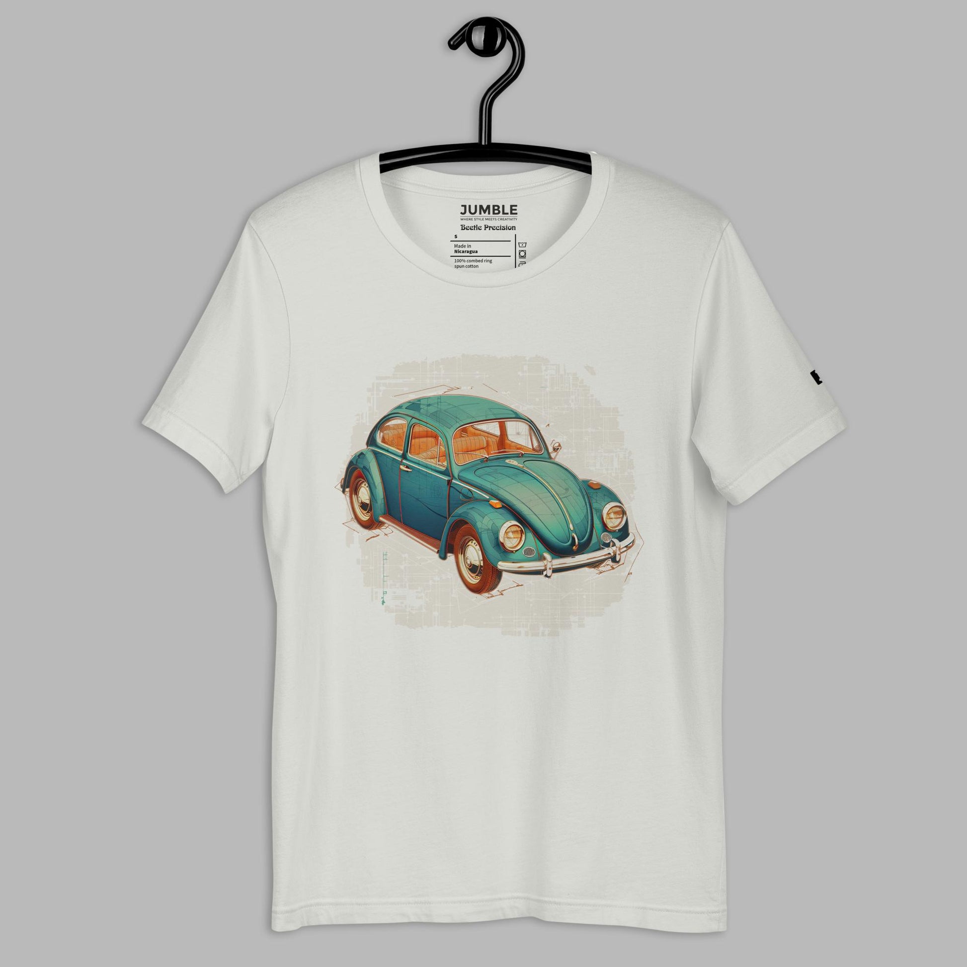 silver Beetle Precision Unisex t-shirt displayed on a hanger