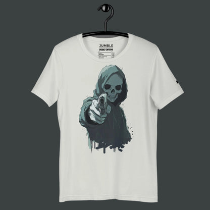 silver Deadly Intent Unisex t-shirt on a a hanger