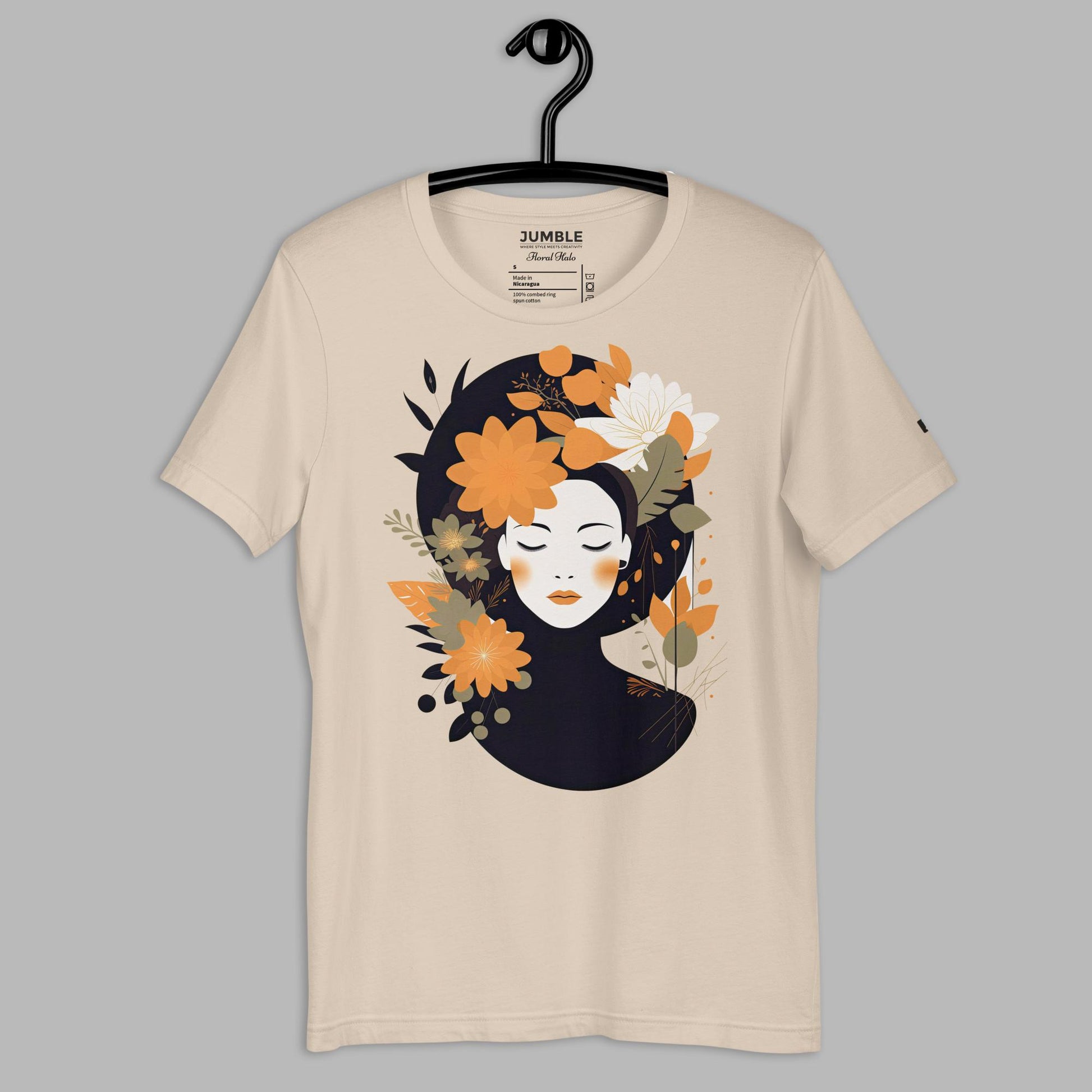 Floral Halo Unisex t-shirt, in soft cream. Displayed on hanger