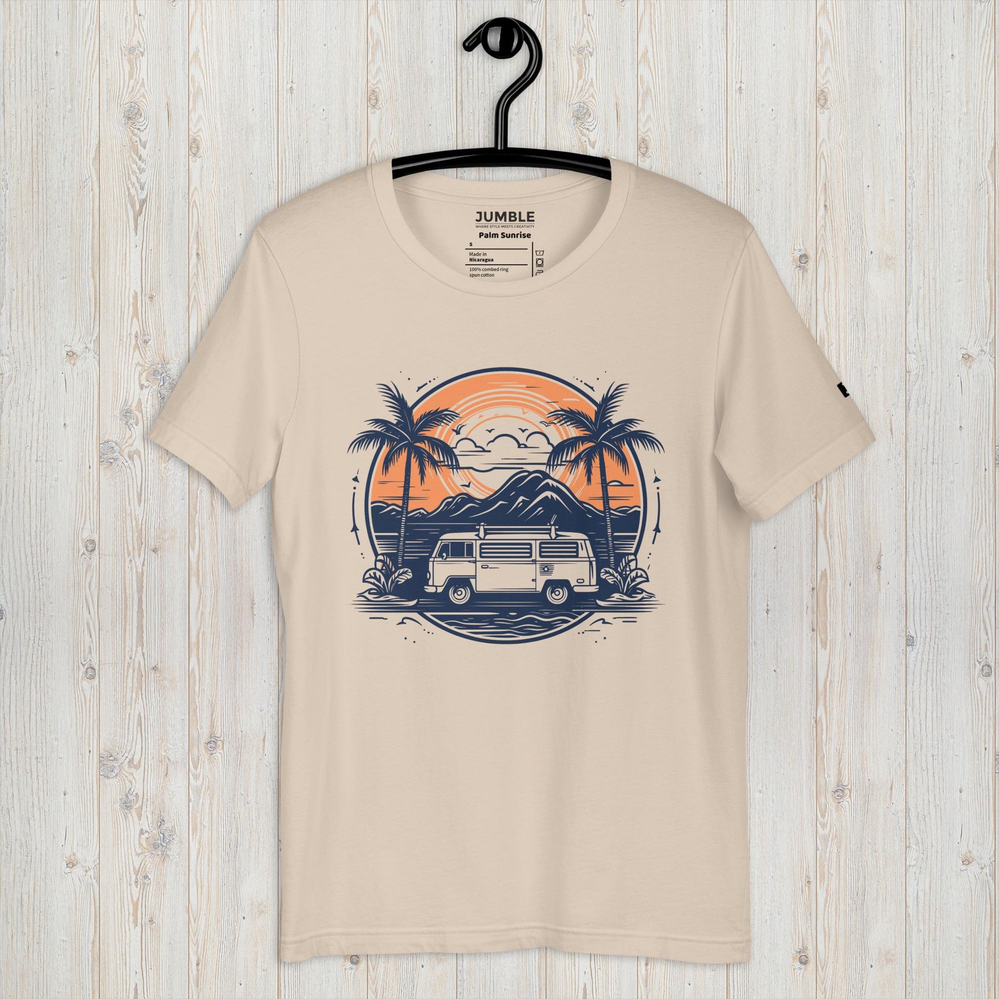 soft cream Palm Sunrise Unisex t-shirt displayed on a hanger