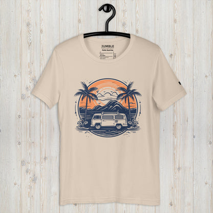 soft cream Palm Sunrise Unisex t-shirt displayed on a hanger