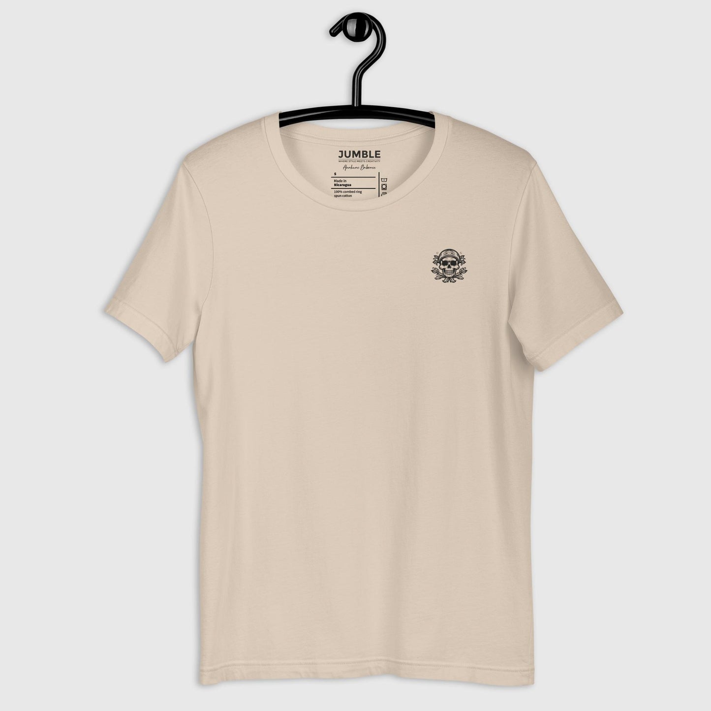 front view of soft cream Bayou Mystique Unisex t-shirt displayed on hanger