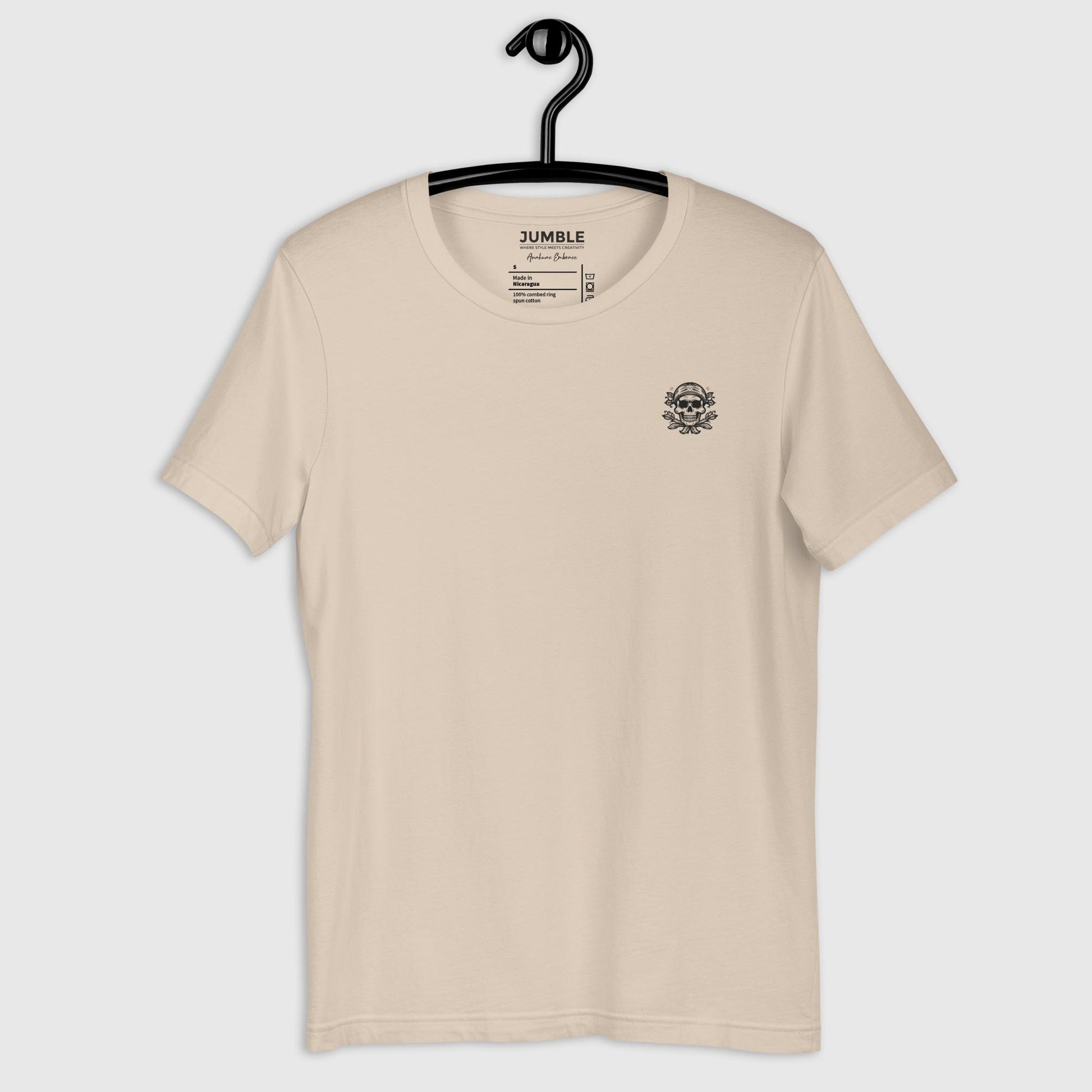front view of soft cream Bayou Mystique Unisex t-shirt displayed on hanger