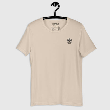 front view of soft cream Bayou Mystique Unisex t-shirt displayed on hanger