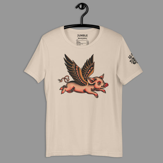 soft cream Soaring Swine Unisex t-shirt on a hanger