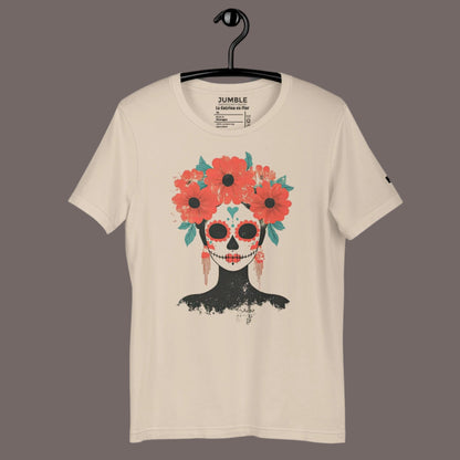 soft cream La Catrina en Flor Unisex t-shirt on a hanger