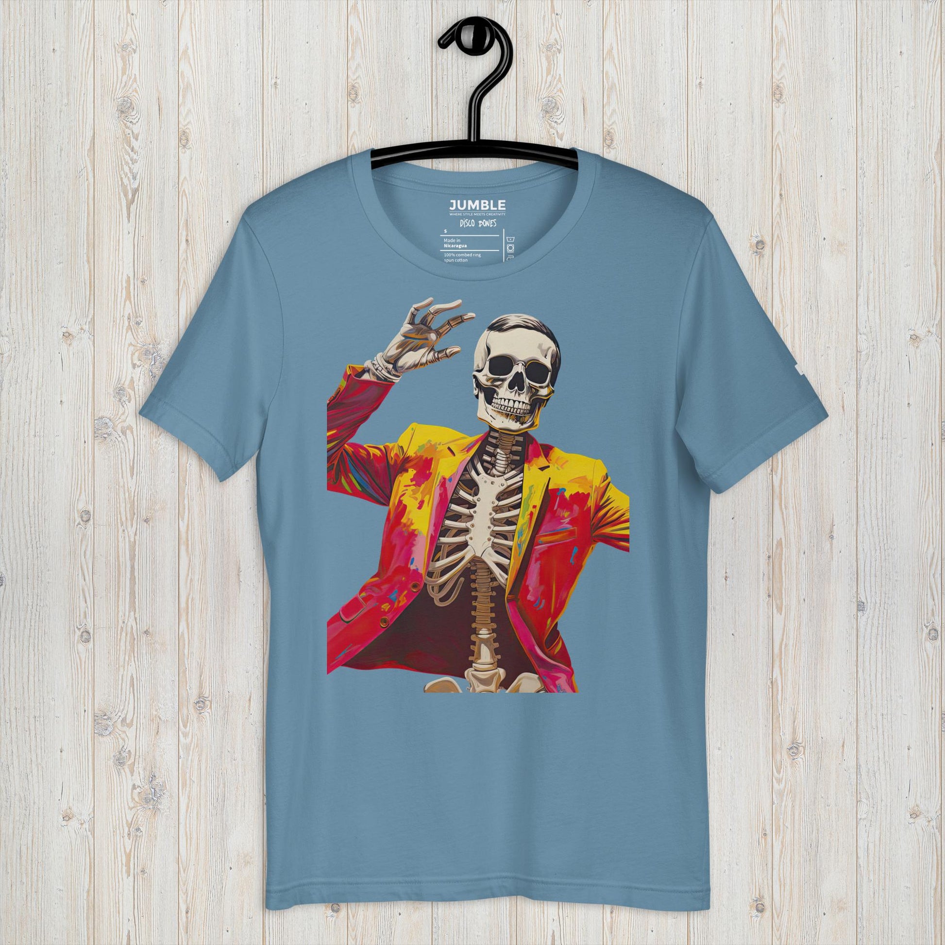 Disco Bones Unisex t-shirt, in steel blue displayed on a hanger