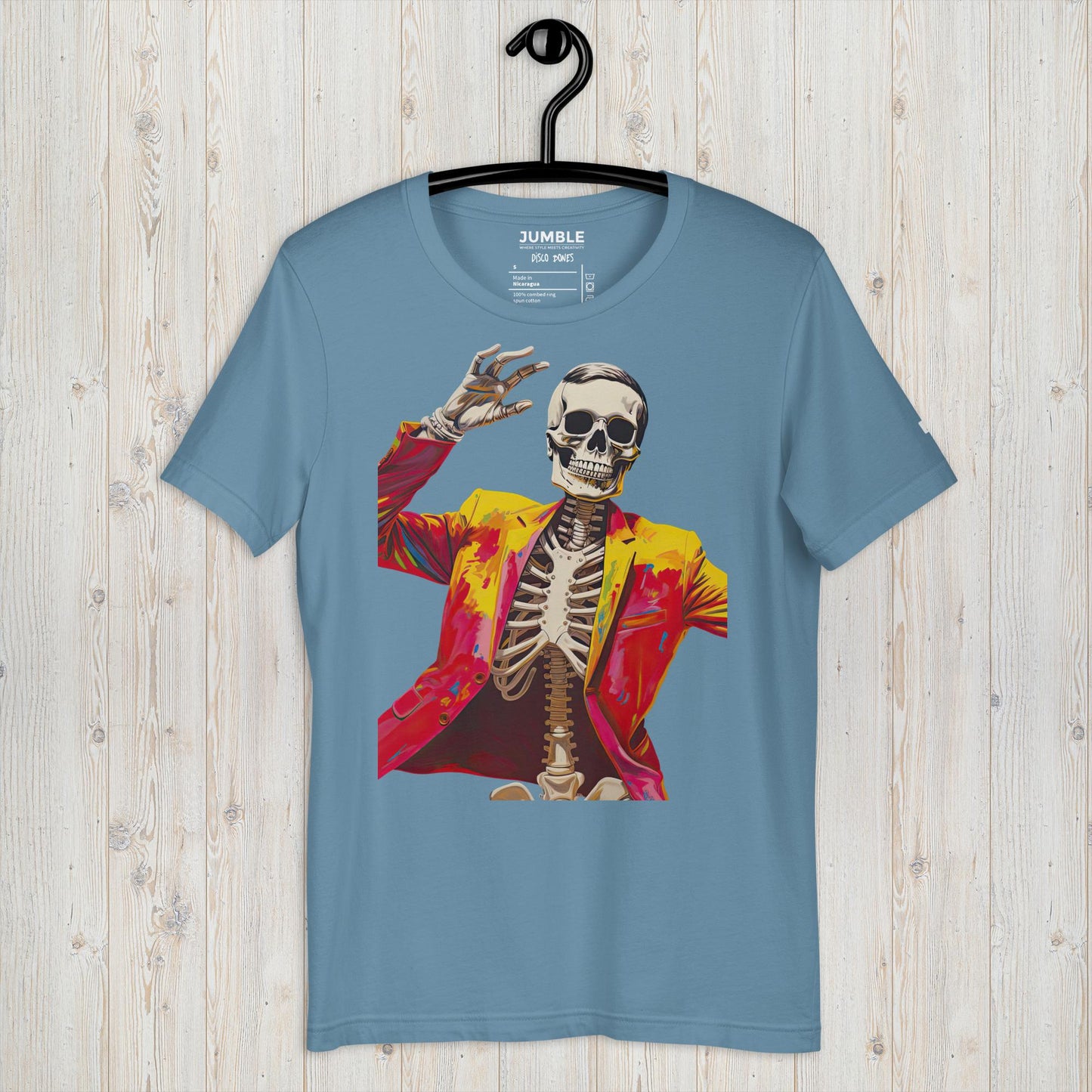 Disco Bones Unisex t-shirt, in steel blue displayed on a hanger