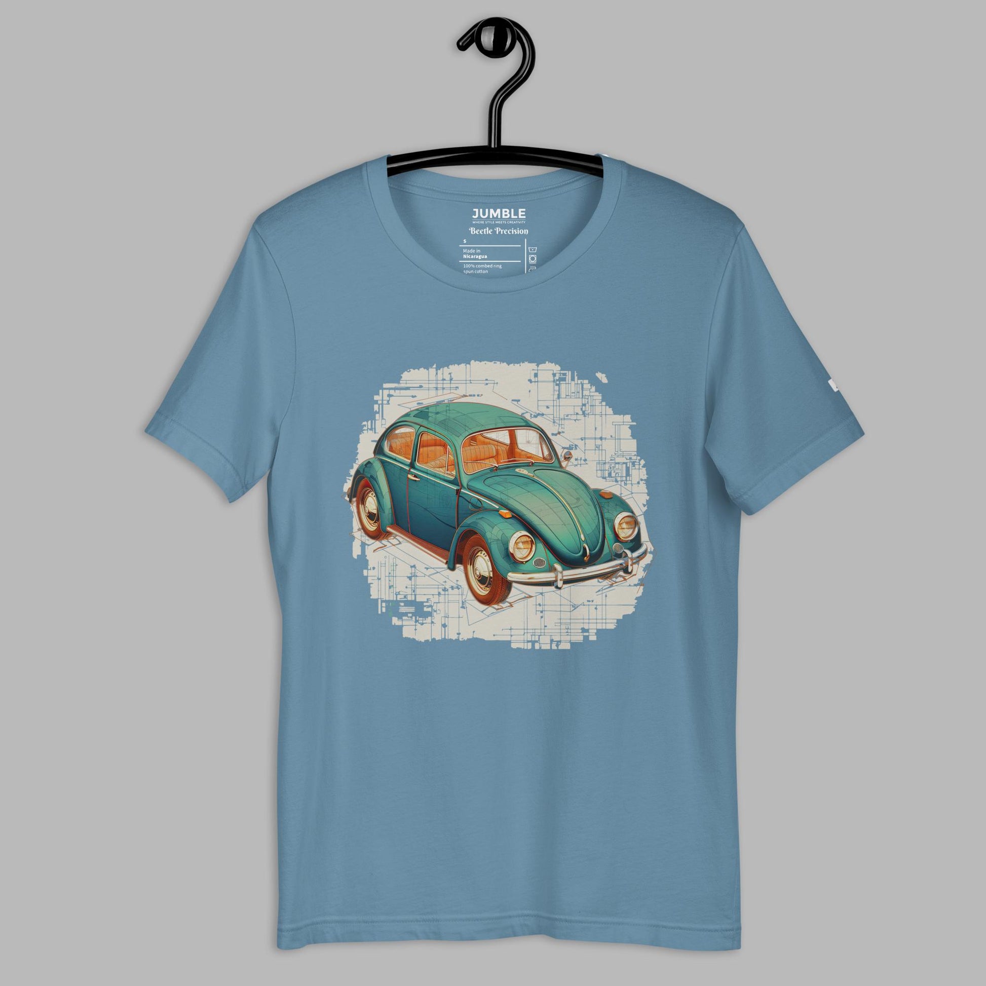steel blue Beetle Precision Unisex t-shirt displayed on a hanger