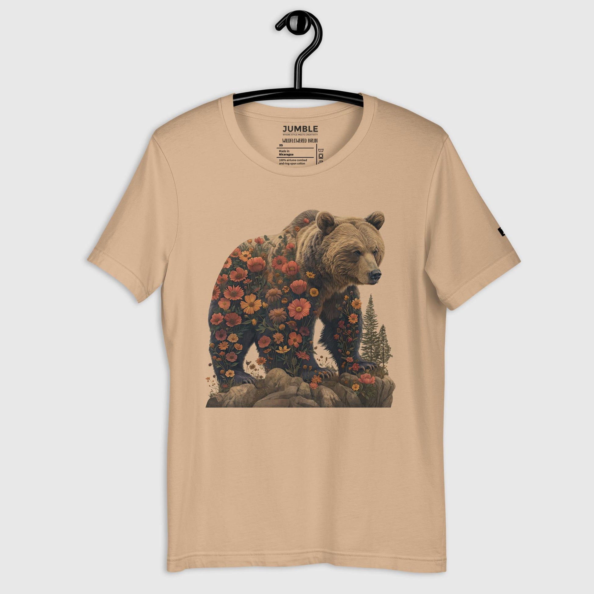 tan Wildflowered Bruin Unisex t-shirt displayed on hanger