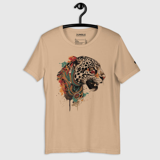 tan Mayan Wildcat Unisex t-shirt on a hanger