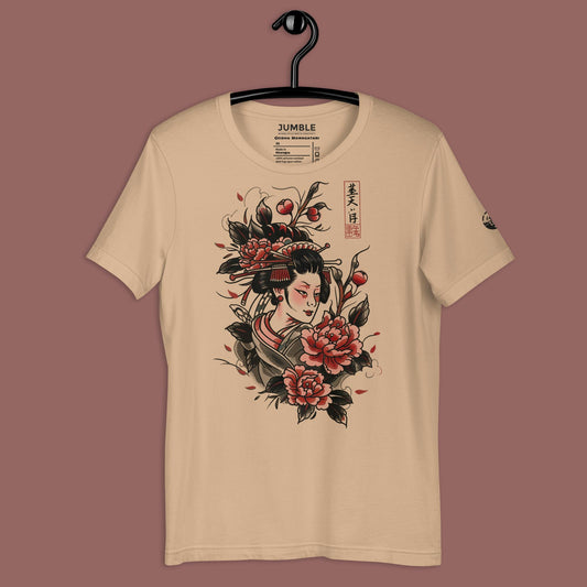 tan Geisha Monogatari Unisex t-shirt on a hanger
