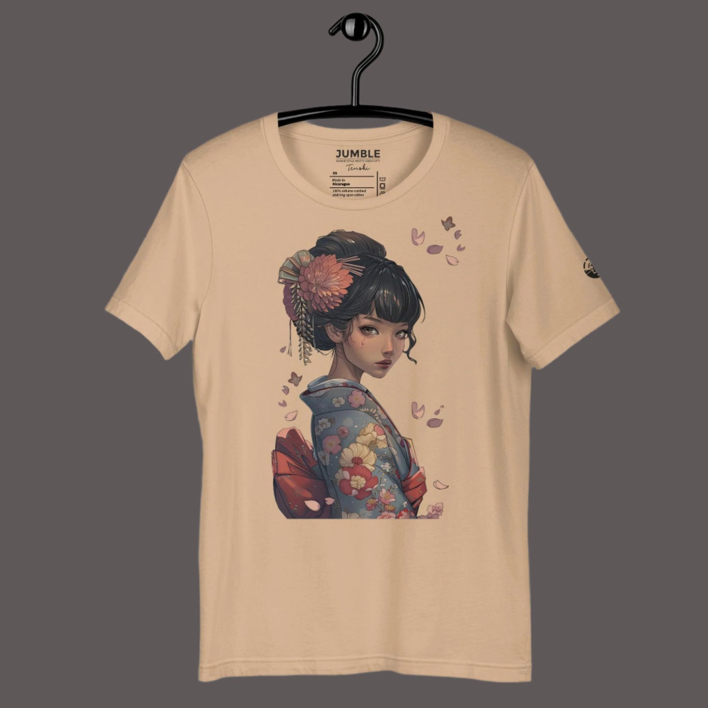 tan Tenshi (天使) Unisex t-shirt on a hanger