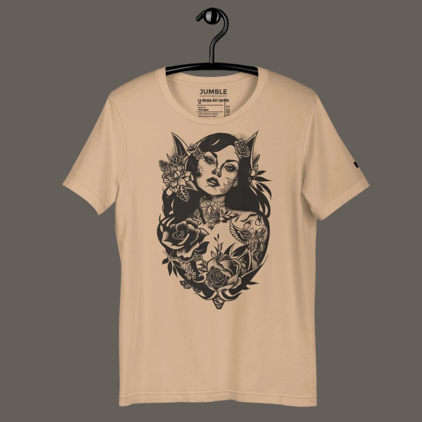 tan La Dama del Jardín Unisex t-shirt on a hanger