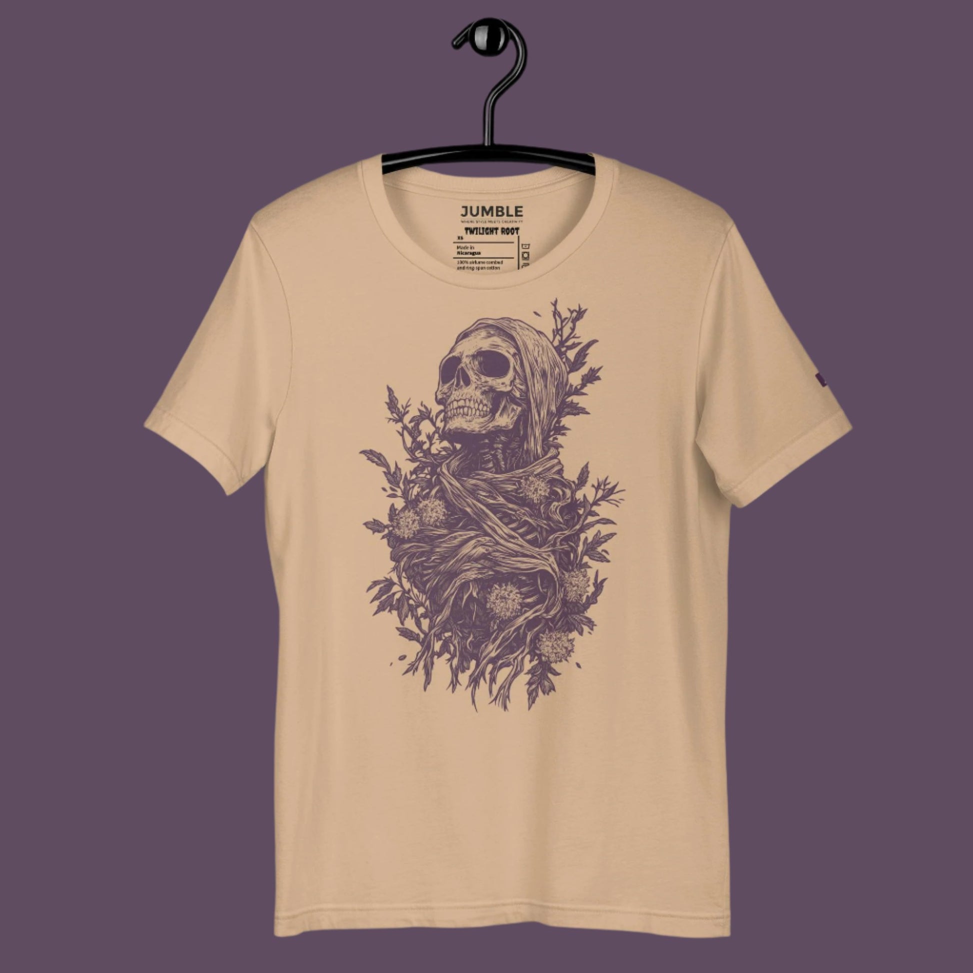 tan Twilight Root Unisex t-shirt on a hanger