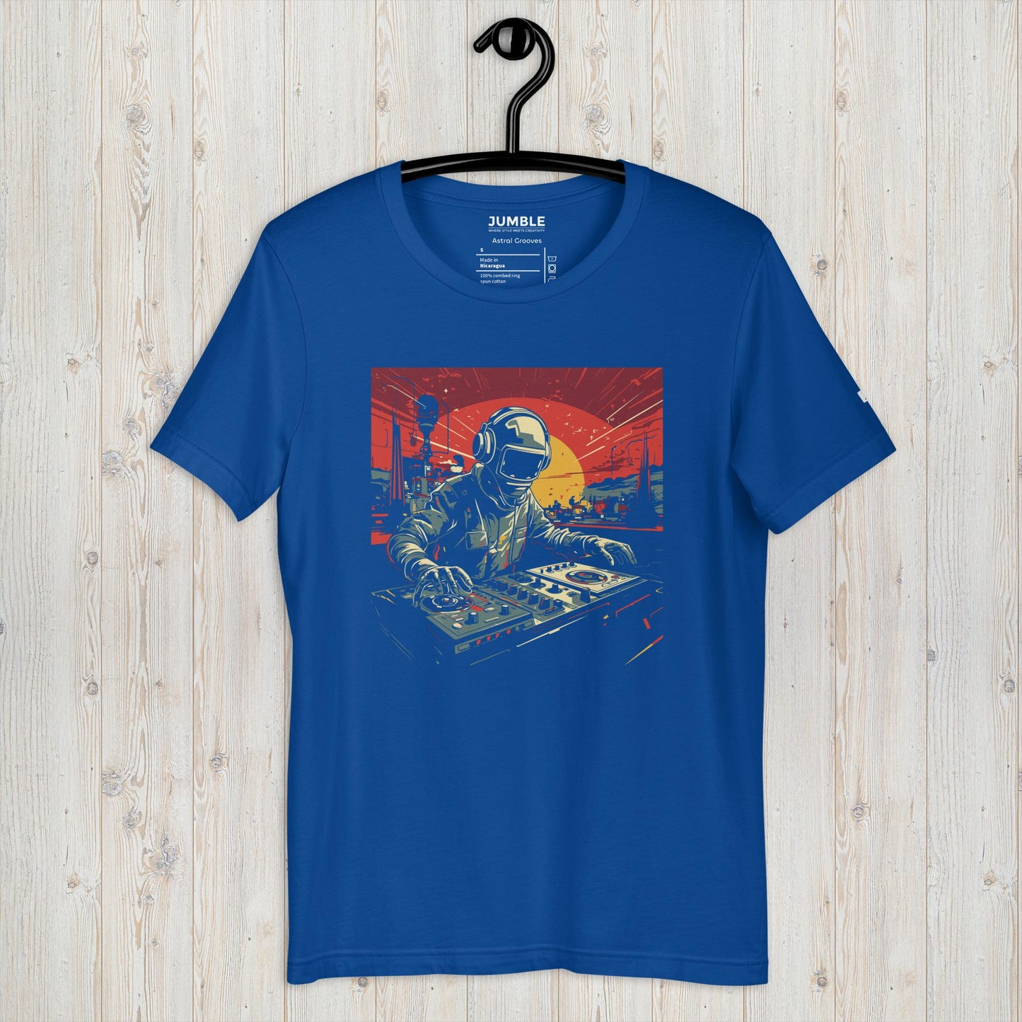 Astral Grooves Unisex t-shirt on hanger, in  royal blue