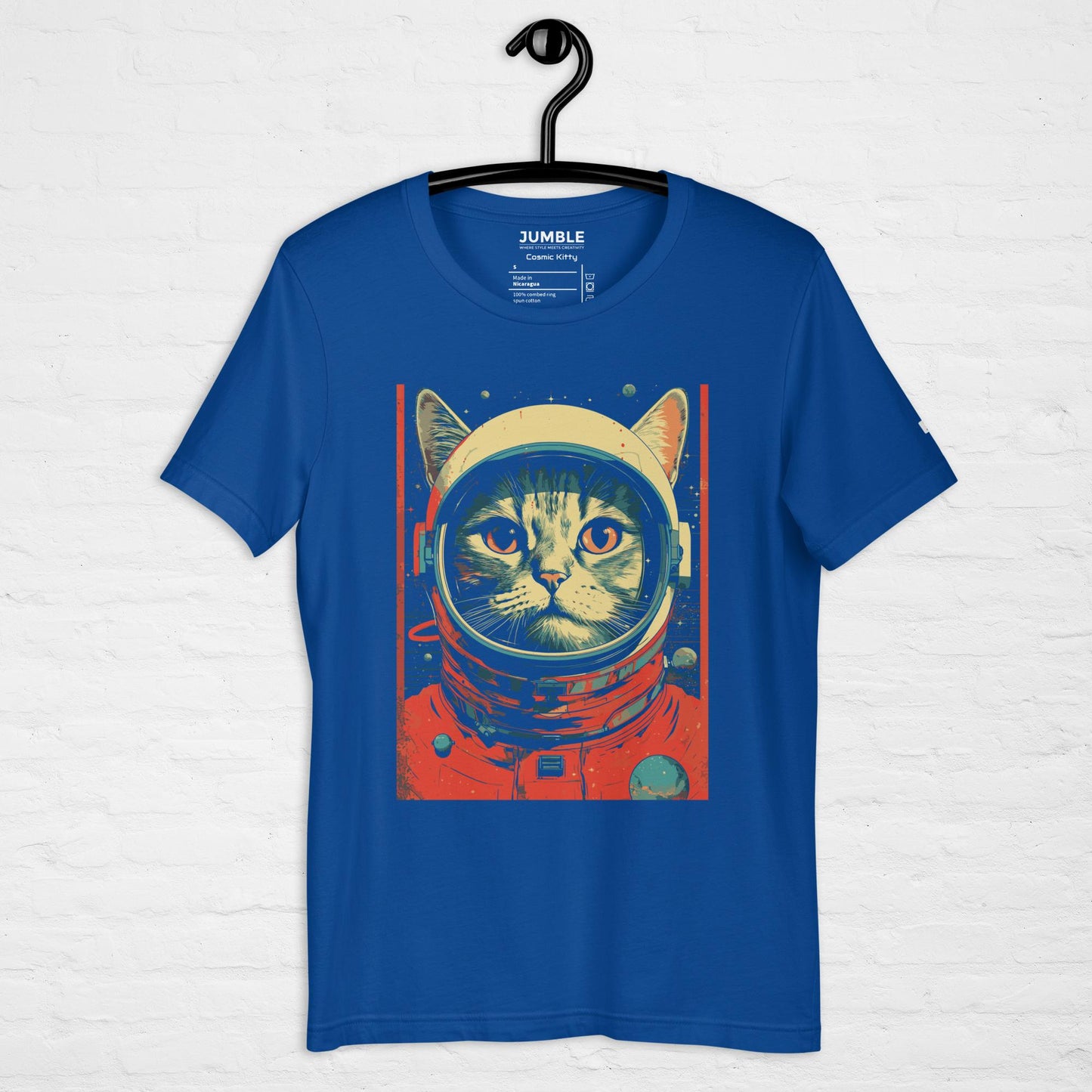 true royal Cosmic Kitty Unisex t-shirt displayed on a hanger