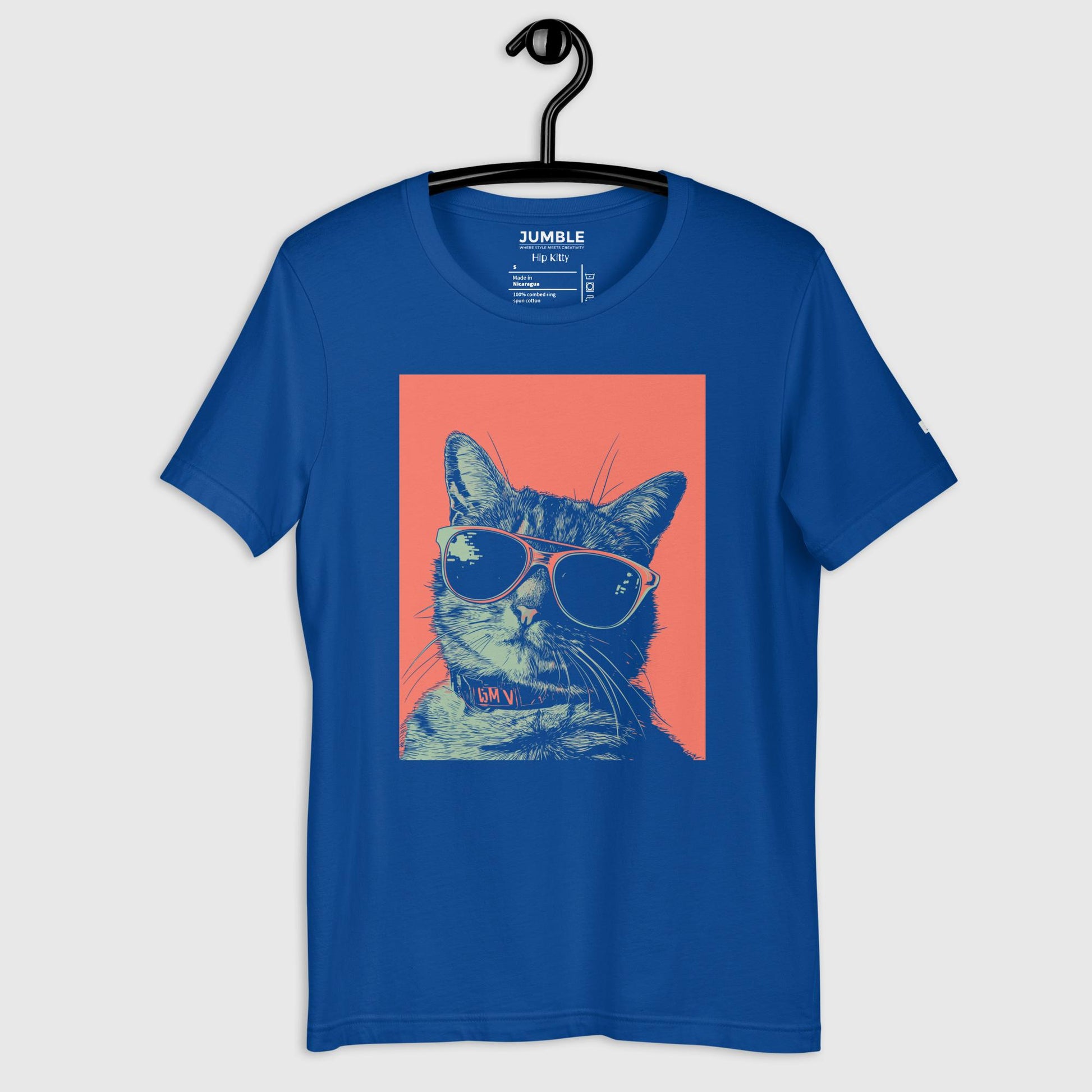 royal navy Hip Kitty Unisex t-shirt on a hanger