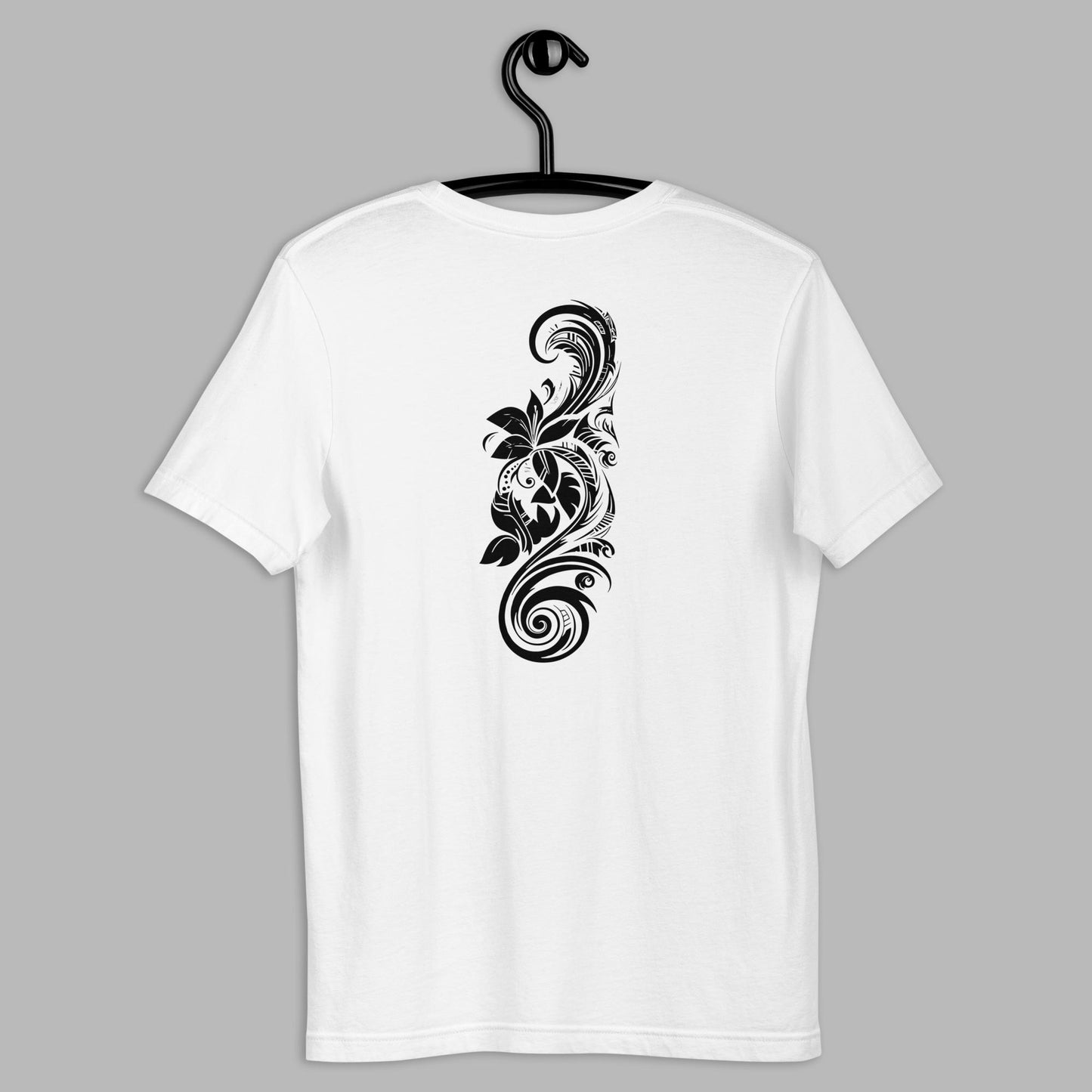 back of white Te Ora O Pahu Unisex t-shirt on hanger