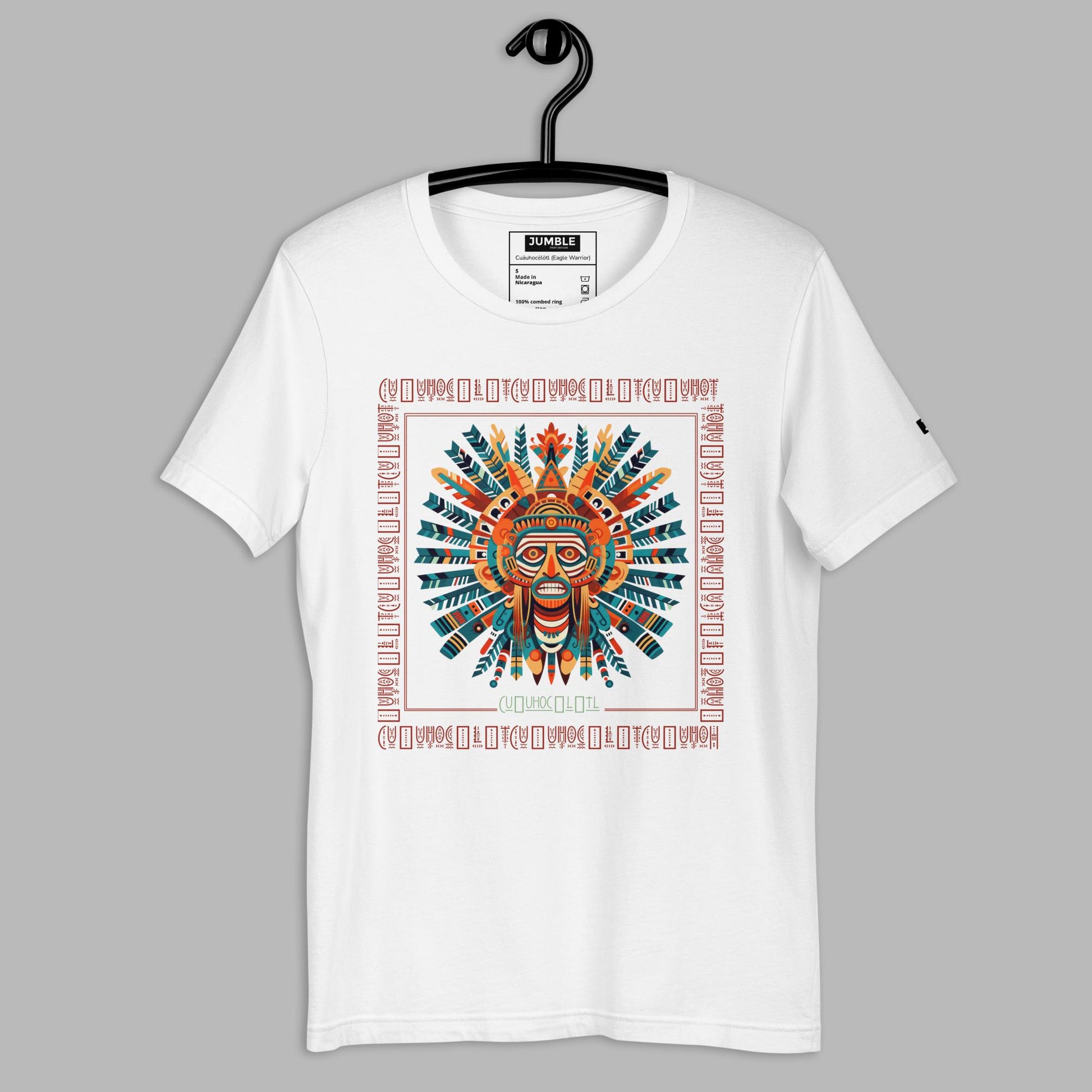 Cuāuhocēlōtl "Eagle Warrior" Unisex t-shirt, white, on hanger