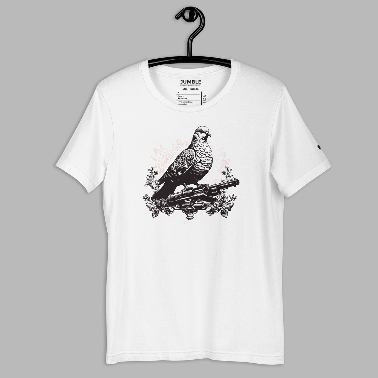 Peace Offering Unisex t-shirt- in white, on hanger