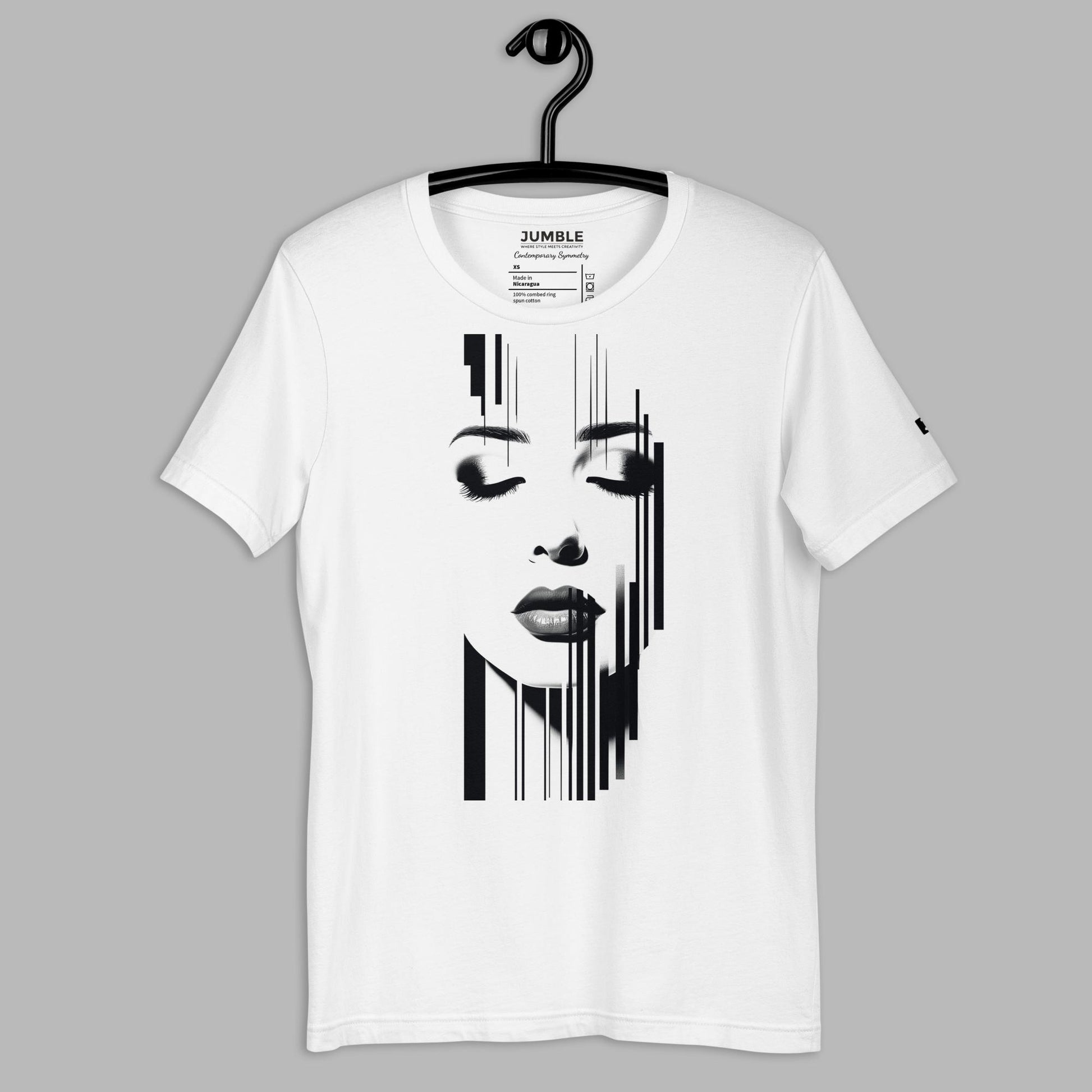 Contemporary Symmetry Unisex t-shirt displayed on a hanger